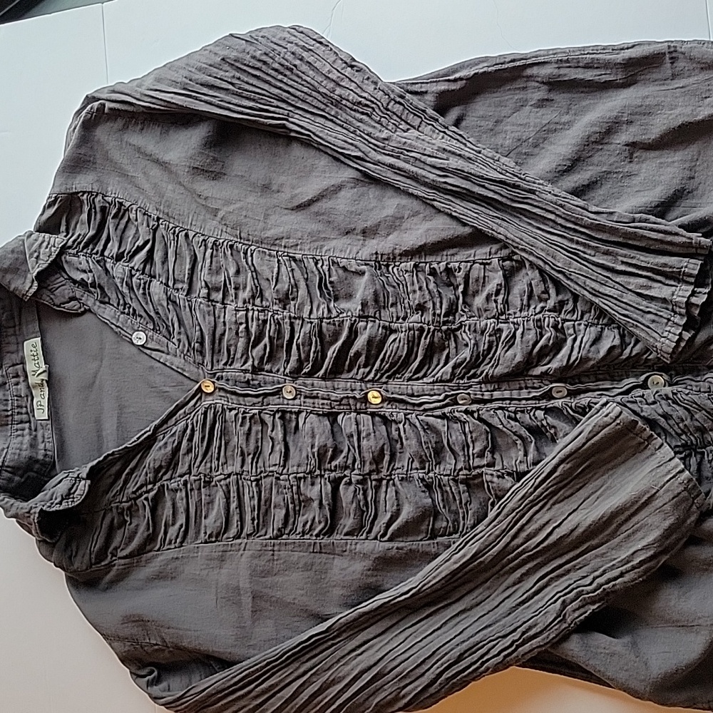 Gray Button-Up Blouse with Ruffle Detail
